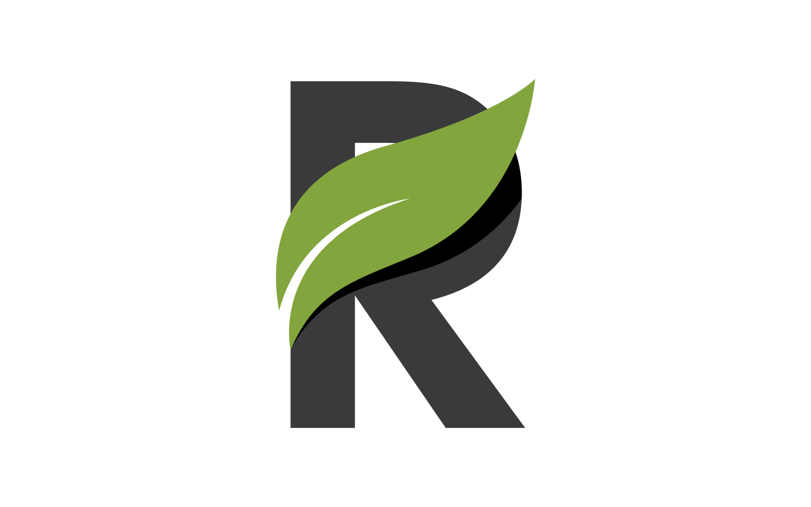 Начальная буква R с векторным плоским дизайном логотипа зеленого листа