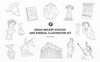 Black outline ancient greek statues and surreal illustration set