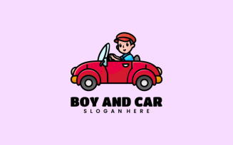 Boy and Car Cartoon Logo Style