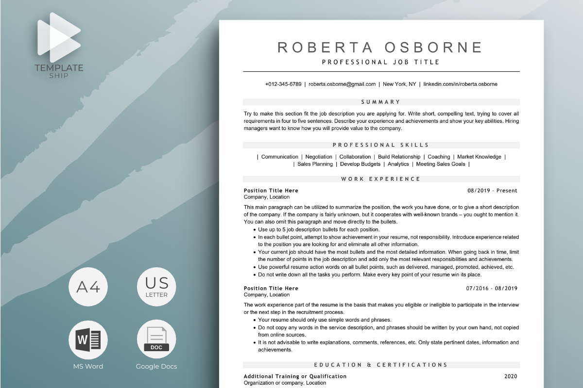 Professional Resume Template Roberta Osborne