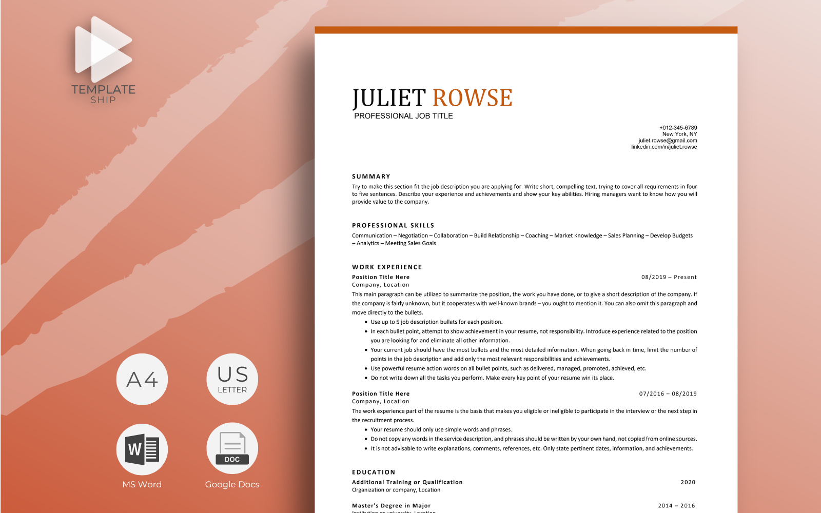 Professional Resume Template Juliet Rowse