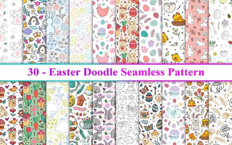Easter Doodle Seamless Pattern, Easter Day Doodle Seamless Pattern