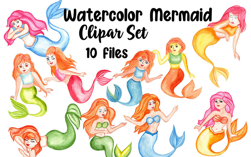 Watercolor Mermaid Clipart Set Illustration