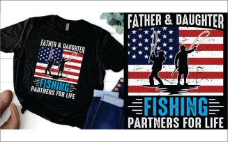 Father & Daughter Fishing Partners for Life Father's Day with USA flag Tee T-Shirt
