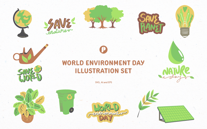 Green world environment day illustration set Illustration