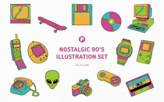 Greeny nostalgic 90's illustration set