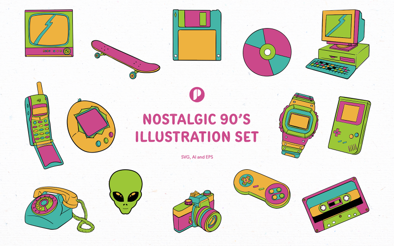 Greeny nostalgic 90's illustration set Illustration