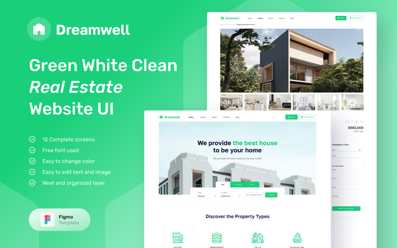 Dreamwell – the green white clean real estate website UI Element