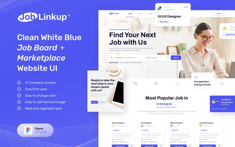 Joblinkedup, the clean white blue job board marketplace website UI Element