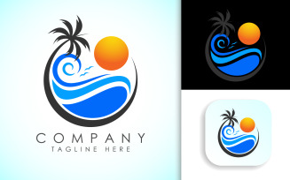 Beach logo. Sun with ocean sea water.
