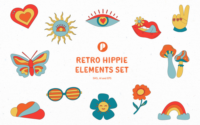 Warm & bright retro hippie elements set Illustration