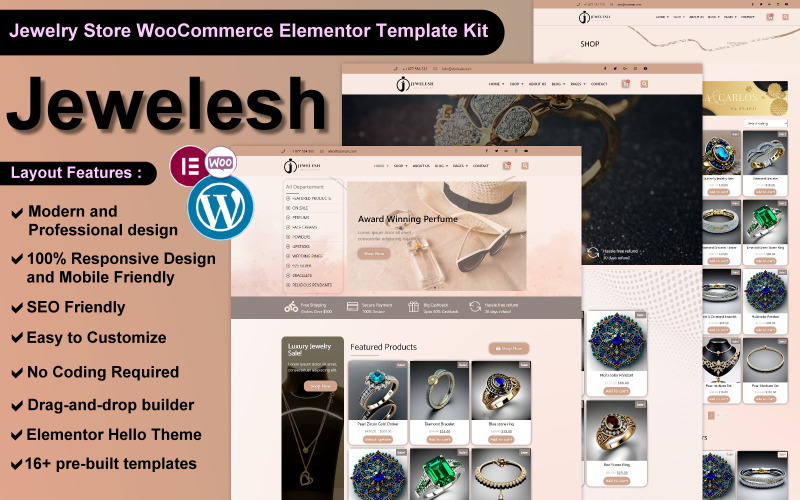 Jewelesh - Jewelry and Cosmetics Store WooCommerce Elementor Template Kit Elementor Kit