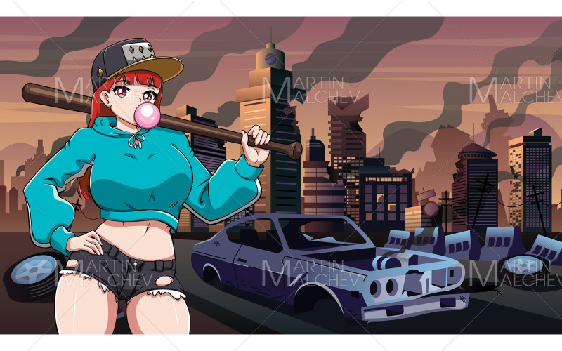 Anime Bat Girl in Ruined City Vector Illustration