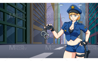 Anime Cop in Street Vector Illustration