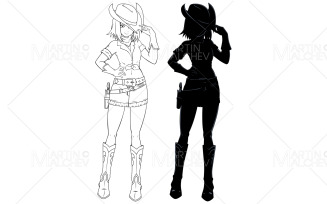 Anime Cowgirl Line Art and Silhouette Vector Illustration