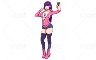 Anime Girl Taking Selfie on White Vector Illustration