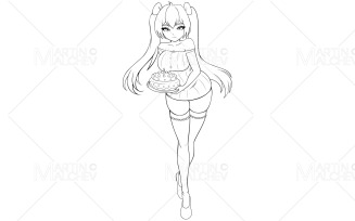 Anime Girl With Birthday Cake Line Art Vector Illustration