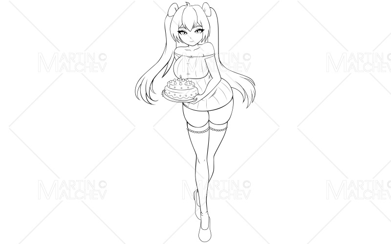 Anime Girl With Birthday Cake Line Art Vector Illustration