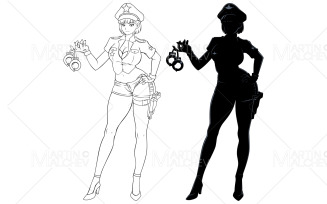 Anime Police Officer Line Art and Silhouette Vector Illustration