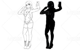 Anime Selfie Line Art and Silhouette Vector Illustration