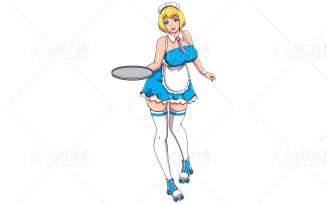 Anime Waitress Girl on White Vector Illustration