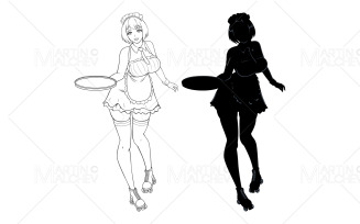 Anime Waitress Line Art Vector Illustration