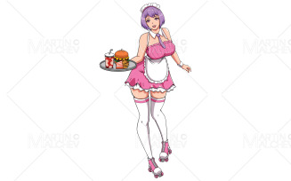 Anime Waitress on White Vector Illustration