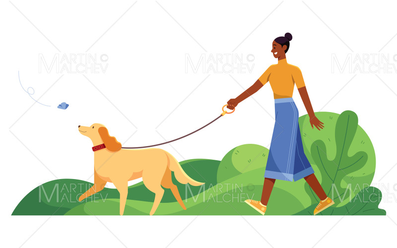 Black Woman Walking Dog Vector Illustration