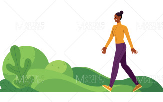 Black Woman Walking in Park Vector Illustration