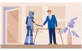 Businessman and Robot in Office Vector Illustration