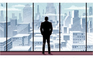Businessman Watching City Winter Vector Illustration