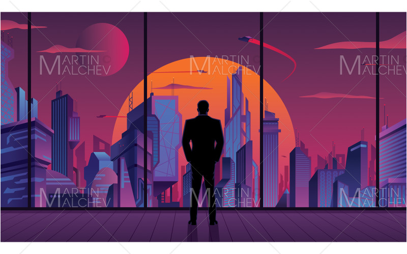 Businessman Watching Futuristic City Vector Illustration