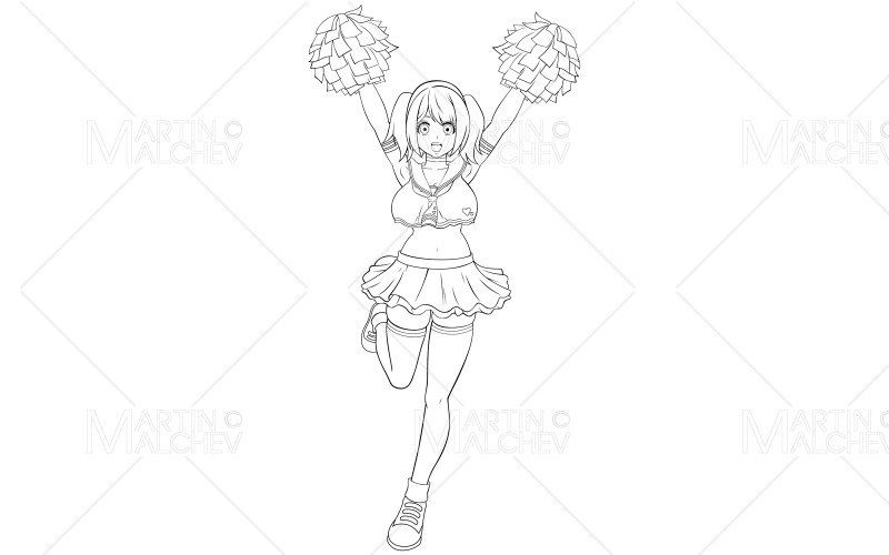 Cheerleader on White Line Art Vector Illustration