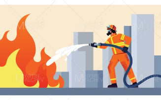 Firefighter Extinguishing Fire Vector Illustration
