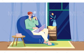 Freelancer Man Working From Home Vector Illustration