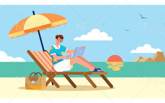 Freelancer on Beach Vector Illustration