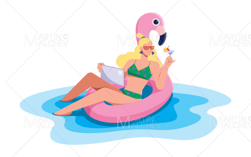 Freelancer Woman in Pool Isolated Vector Illustration