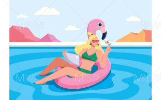 Freelancer Woman in Pool Vector Illustration