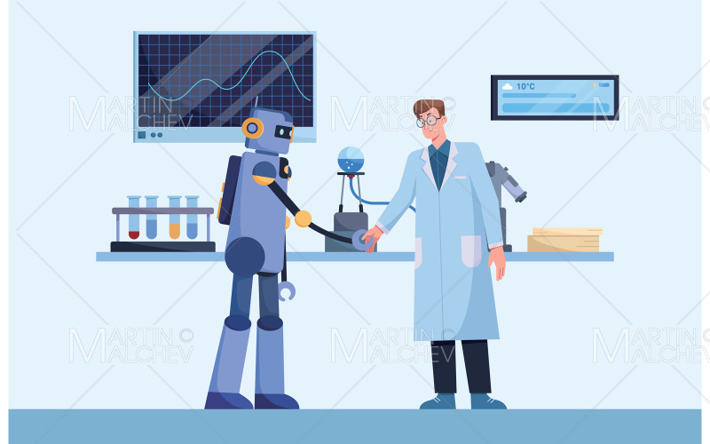 Human and Robot Friends Vector Illustration