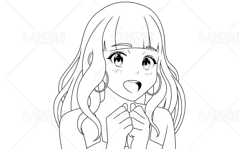 Pleasantly Surprised Anime Girl Line Art Vector Illustration