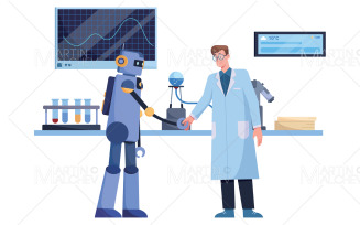 Scientist and Robot Friends Vector Illustration