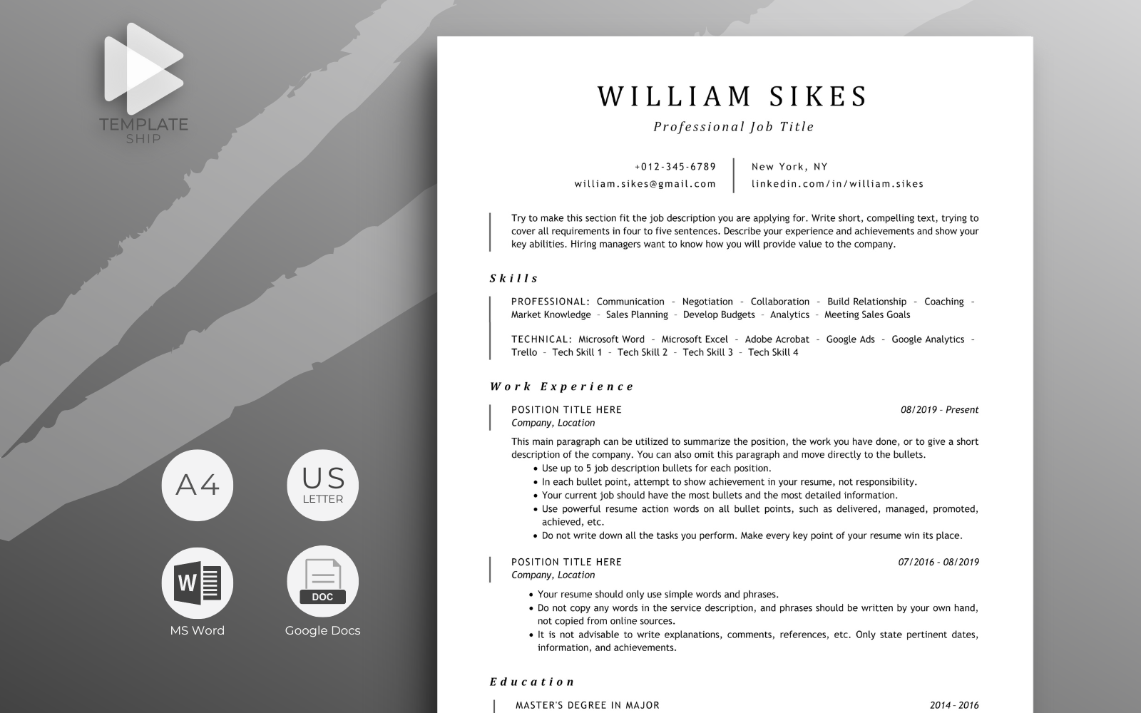 Professional Resume Template William Sikes