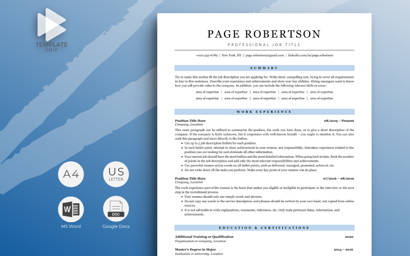 Professional Resume Template Page Robertson
