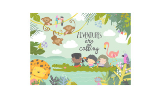 Cute Cartoon Kids Traveling With Animals Adventure Illustration