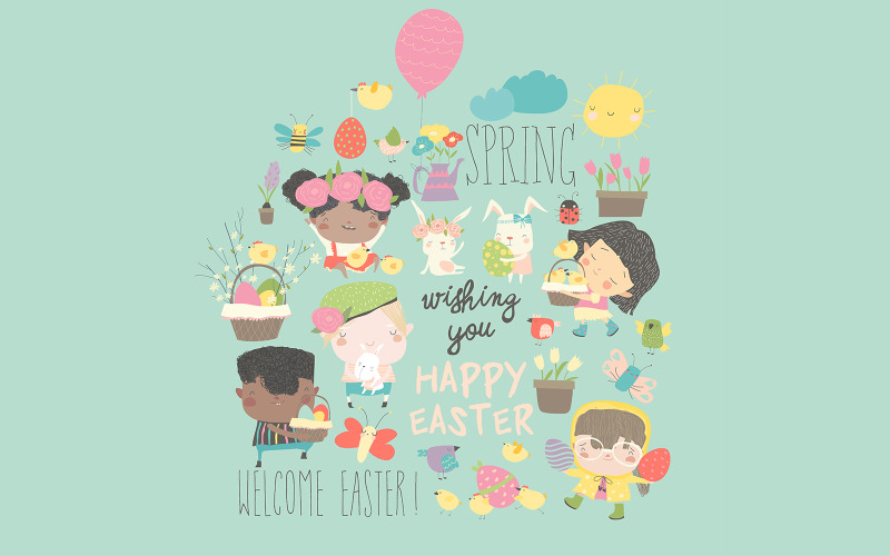 Cute Little Children With Easter Theme Happy East Vector Illustration