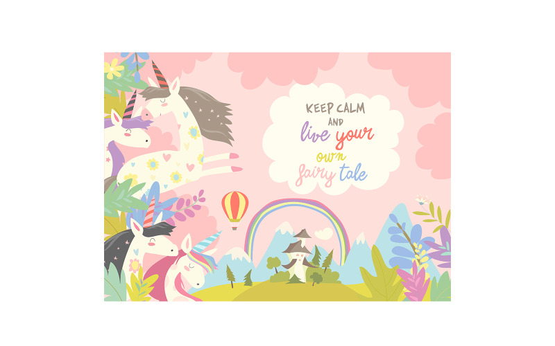 Cute Magic Unicorn And Castle Vector Illustration