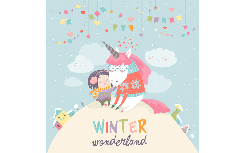 Cute Girl Hungging Unicorn Winter Wonderland Vector Illustration