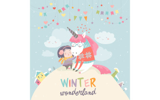 Cute Girl Hungging Unicorn Winter Wonderland Vector