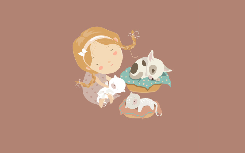 Cute Girl With Funny Kittens And Puppy Vector Illustration