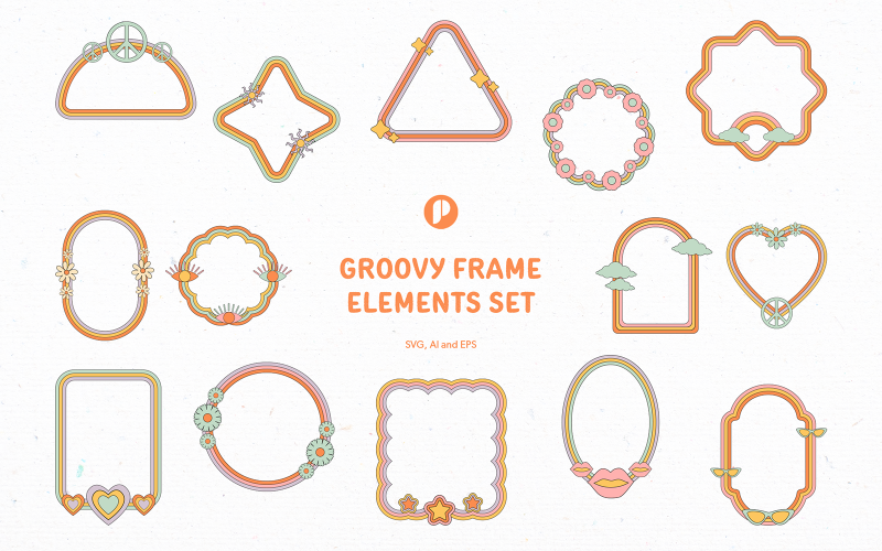 Warm Groovy Frame Elements Set Illustration